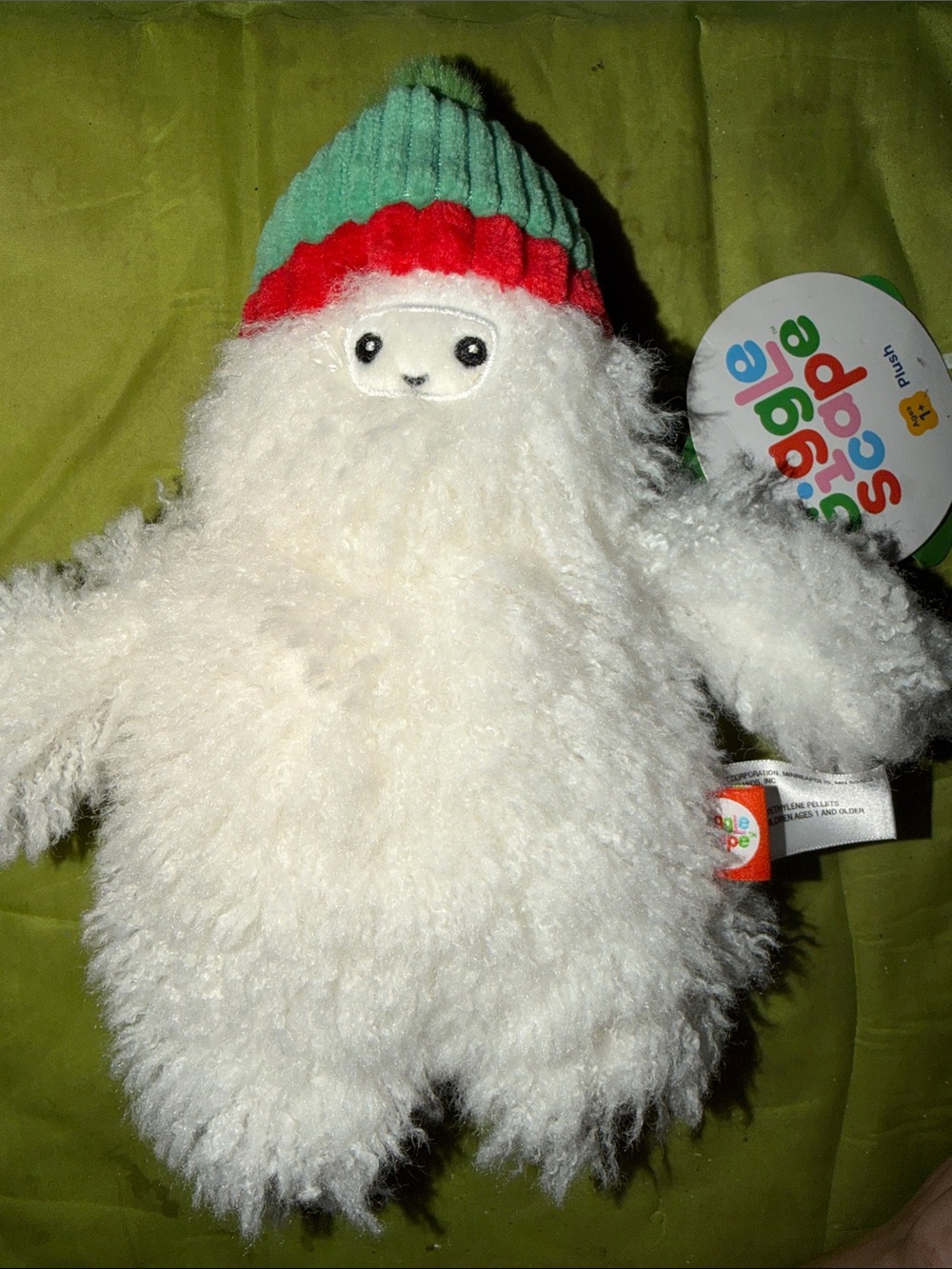 Yeti plush White Furry with Green & Red Hat Giggle Scape